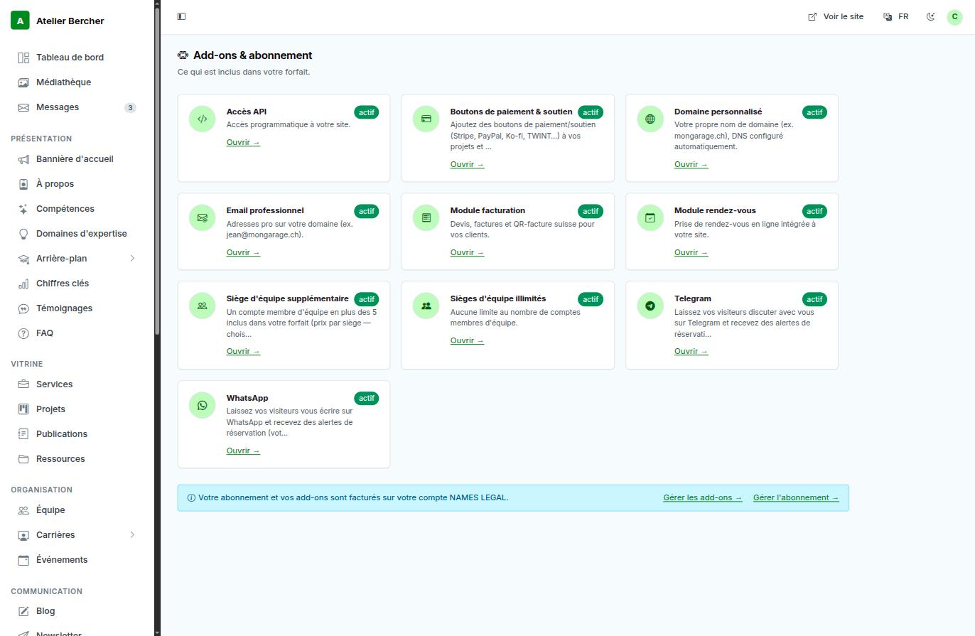 The add-ons screen in the console: one card per add-on with an active badge and an Open link.